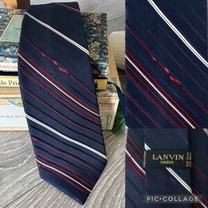 Vintage Lanvin Silk Necktie tie Striped Ribbon Navy red white made in France